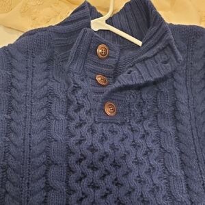 Men's V-Neck Cable Knit Sweater with Button Placket - Blue